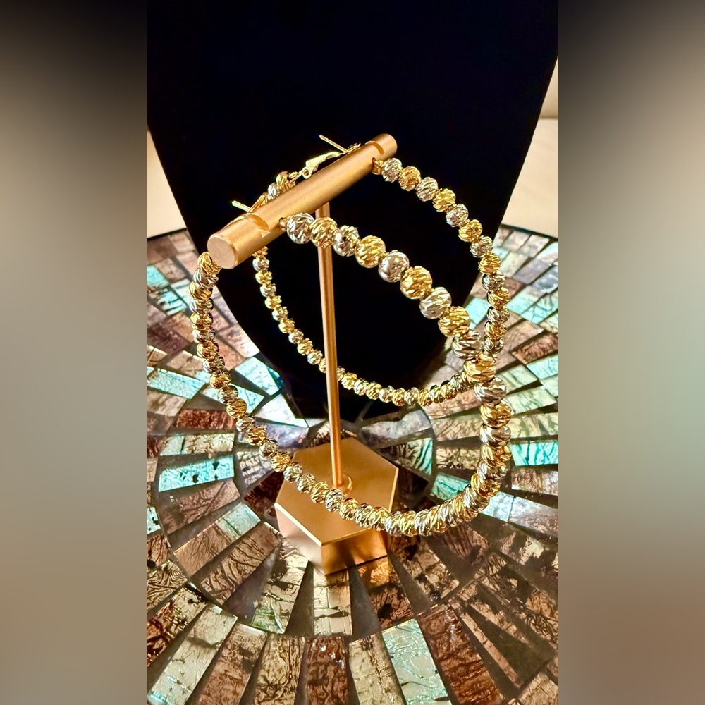 Chic Gold plated diamond cut beaded Hoop Earrings